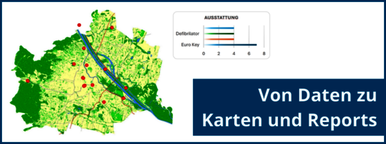 Geografische Karte einer Region mit Fluss, grün gefärbten Gebieten und roten Markierungen. Eine Legende erläutert Ausstattung. Oben rechts steht der Titel „Von Daten zu Karten und Reports“ – Darstellung von Daten zu Karten und Berichten.