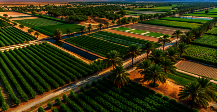 Luftaufnahme eines großen Landwirtschaftsgebiets: Parallel angeordnete Felder mit grünem Pflanzenbestand, palmenbesäumte Wege und Bewässerungskanäle; eine gepflegte Felderlandschaft in einer sonnigen Ebene.