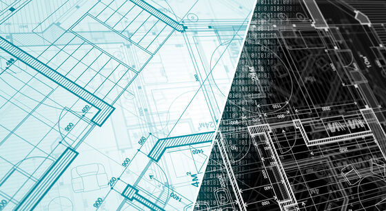 Eine Collage technischer Zeichnungen: linke Seite Blaupausen mit Grundrissen und Maßlinien, rechte Seite Schaltpläne und Diagramme – eine Mischung aus Architektur- und Elektronikdesign.