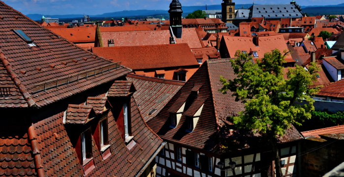 Blick über eine historische Altstadt mit roten Ziegeldächern, Fachwerkhäusern und engen Gassen. Kirchtürme ragen im Hintergrund auf, während ein Baum im Vordergrund Schatten spendet; der Himmel ist blau mit wenigen Wolken.