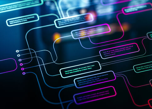 Abstrakte Nahaufnahme eines digitalen Netzwerks: Leuchtende, bunte Chat- bzw. Textblasen (Blau, Türkis, Pink) sind durch kurvige Linien miteinander verbunden, vor dunklem Hintergrund; wirkt wie eine Visualisierung von Kommunikation oder Datenfluss.