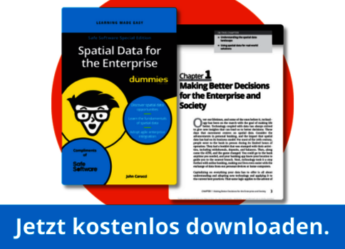 Cover des Buches "Spatial Data for the Enterprise" aus der Dummies-Reihe und eine geöffnete Buchseite daneben, vor einem orangefarbenen Kreis; darunter ein blauer Balken mit der Aufforderung "Jetzt kostenlos downloaden".