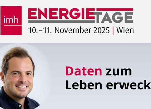 Banner der Energietage 2025 in Wien, 10.–11. November 2025, mit einem Porträt eines lächelnden Mannes und dem Slogan „Daten zum Leben erwecken“.
