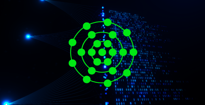 Abstrakte Darstellung eines digitalen Netzwerks: Grün leuchtende Knotenpunkte bilden einen Kreis, verbunden durch Linien; im Hintergrund fließt Binärcode.