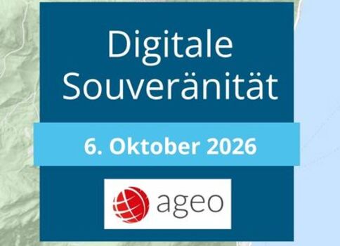 Poster mit dunkelblauem Hintergrund und dem Titel "Digitale Souveränität", darunter ein hellblaues Band mit "6. Oktober 2026". Unten befindet sich ein weißes Kästchen mit rotem Globus und dem Schriftzug "ageo".