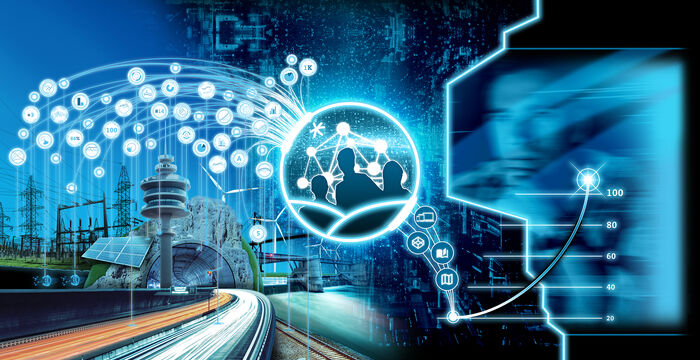 Futuristische, vernetzte Infrastruktur: Eine leuchtende Globus-Holographie mit vernetzten Nutzersymbolen schwebt über digitalen Linien und Datenkreisen. Vorne verlaufen Bahnlinien und Hochspannungsleitungen; rechts zeigt ein Bildschirm abstrakte High-Tech-Grafiken. Blau leuchtend und datengetrieben.