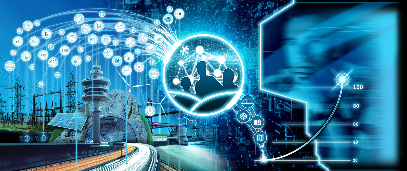 A futuristic blue cityscape with a curved highway and rail track, glowing digital icons, and holographic diagrams. A globe of people signifies global connectivity, while a translucent screen on the right displays data.