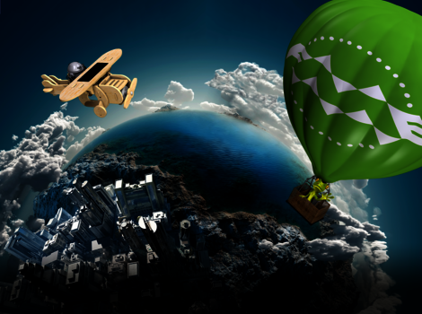Eine künstlerische Weltraumszene: Die Erde erscheint von außen, Wolken und Küsten sichtbar, darunter eine Stadtlandschaft. Links fliegt ein kleines hölzernes Spielzeugflugzeug, rechts ein großer grüner Heißluftballon.