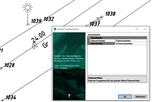 Screenshot einer GIS-Software. Dialogfenster „Attrib Standardwerte“ zum Festlegen globaler Attribut-Standardwerte. Linke Bildfläche zeigt Berglandschaft, rechter Bereich listet Standardwerte/Datenarten. Unten Buttons: OK und Abbrechen.